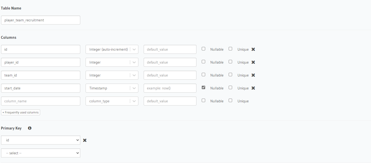 Creating the table in Hasura for player recruitment