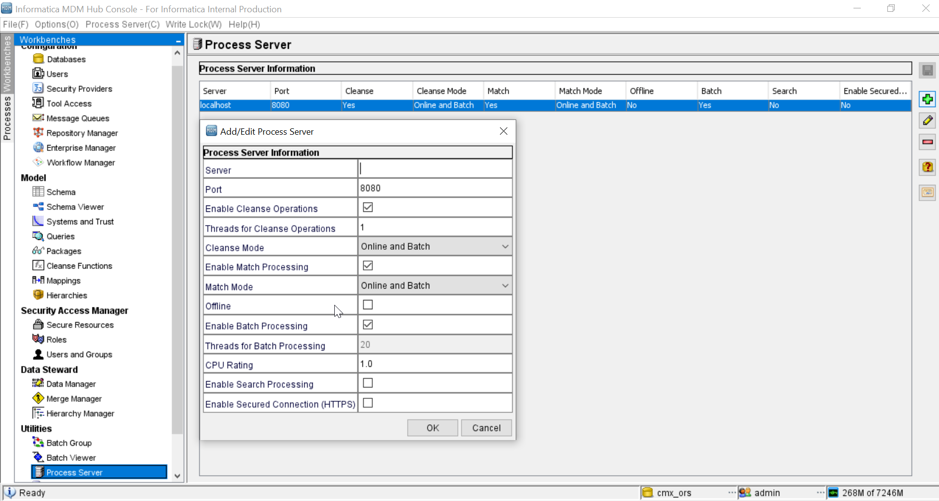 Configuring Process Server in MDM Hub Console UI.